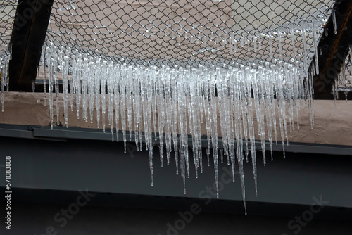 Icicles on wires near street houses. winter season nature