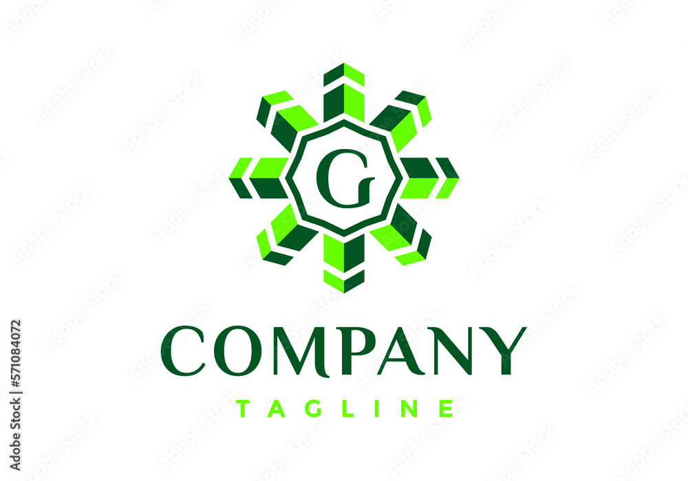 Letter G logo in the green arrow-shaped frame. Letter G logo in the green arrow-shaped frame.