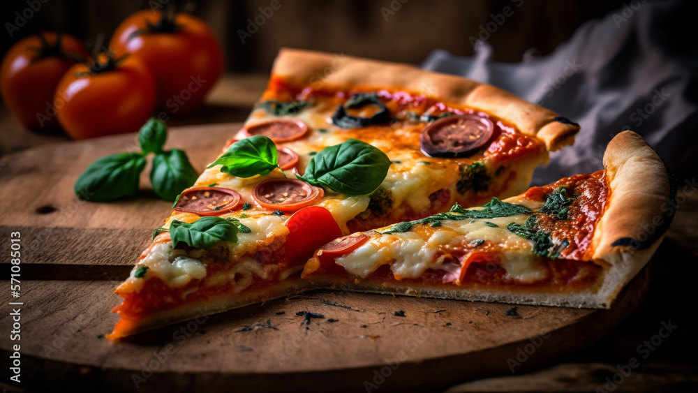 slice of pizza with tomatoes and mozzarella