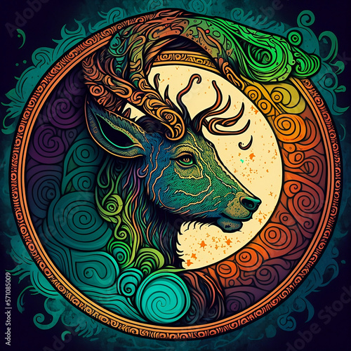Celtic art of east totem and west style in psychedelic. Fit for apparel, book cover, poster, print. Deer illustration