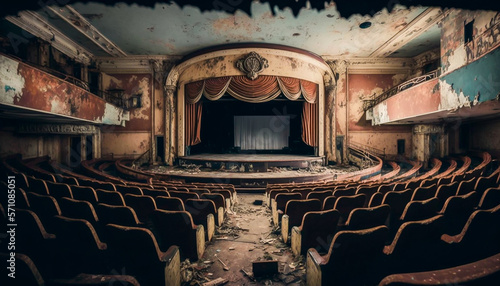 old abandoned cinema, oblivion, nostalgia, emotion concept, seats, capitalism photo