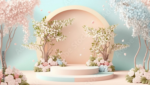 podium with pastel background  spring flowers  wedding  anniversary  generative ai