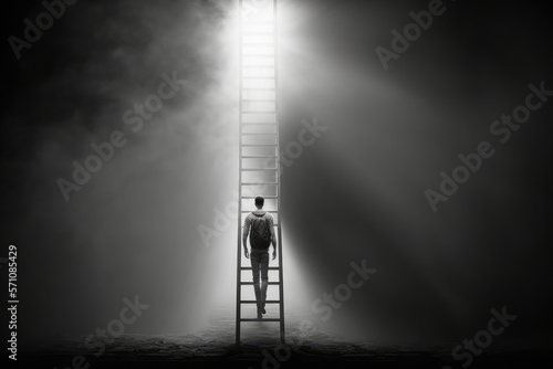 A man stands before a ladder, his hand resting on the rung as he gazes up towards a beam of light shining from above, generative ai