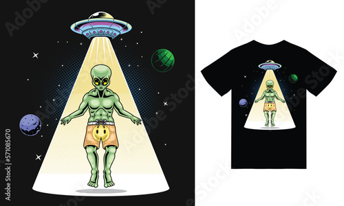 Ufo catching alien in the space illustration with tshirt design premium vector