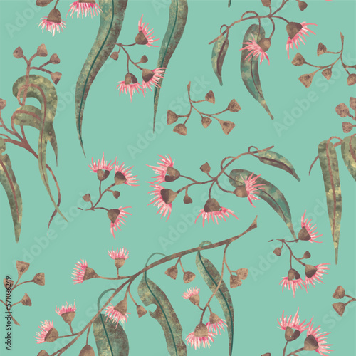 Pink eucalyptus blossom with gumnuts seamless vector repeat pattern. Vector illustration on Aqua background