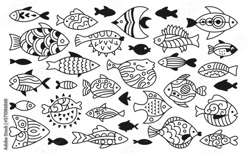 Fish with abstract tropical ornaments doodle set. Linear modern trendy exotic aquarium animals, cartoon nautical illustration. Various contour ornamental freshwater, sea fishes decor vector element