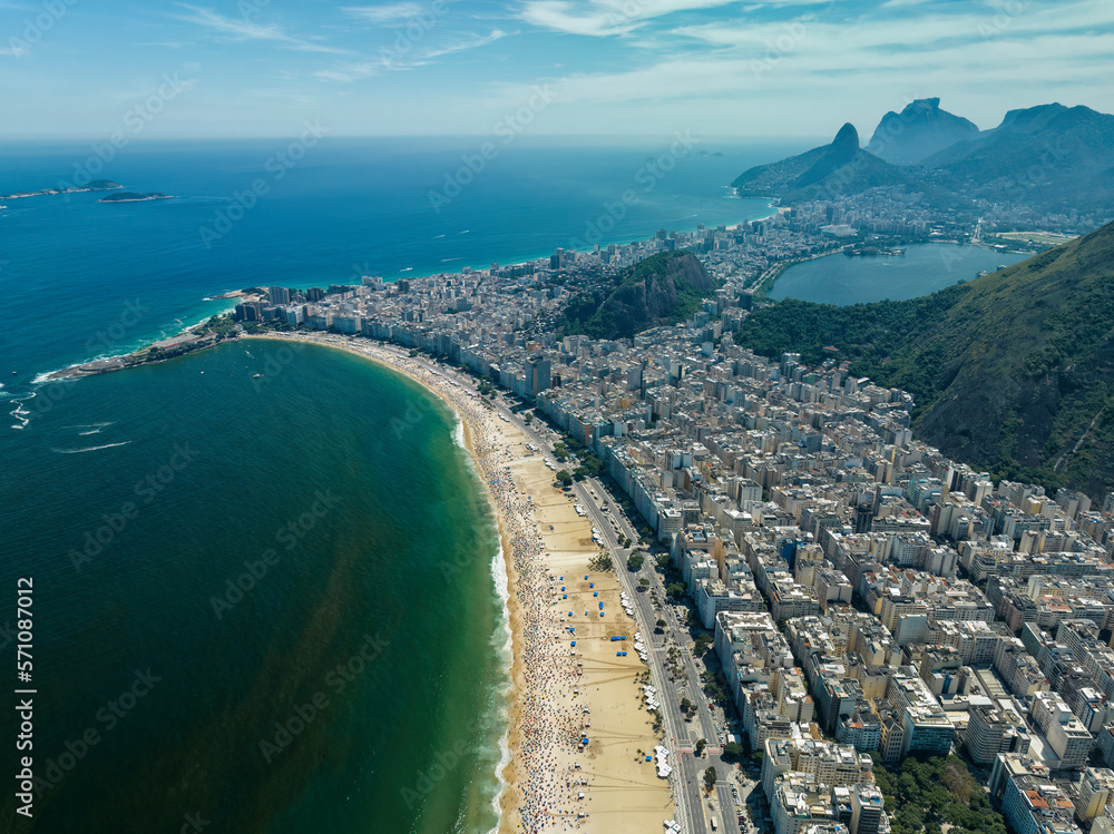 High angle aerial view of Copacabana and Ipanema Beach on sunny summer day. City skyline, Rio de Janeiro, Brazil