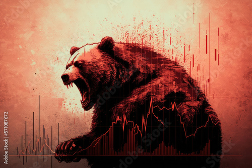 Bearish stock market concept. Angry bear with graph abstract background. Generative ai