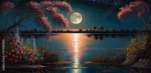 Beautiful harvest moon rising over a clear lake with trees and flowers. Abstract landscape colorful painting of night on magic. photo