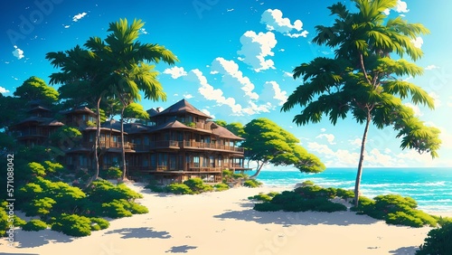 beautiful wallpaper of a beach in anime style. generated with ai