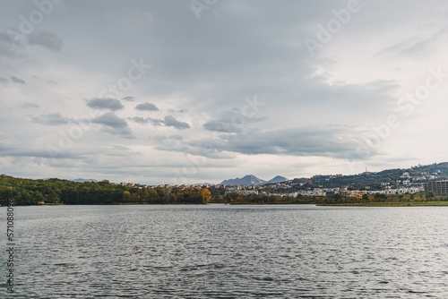 Fototapeta Naklejka Na Ścianę i Meble -  Landscape lake view in autumn. Artificial Lake of Tirana, Albania.