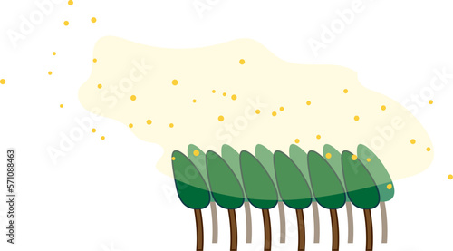 強風で花粉を飛ばす杉の林のかわいいイラスト