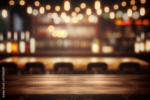 Wooden Table Side view, Restaurant Decor, product placement, bokeh lights, selective focus