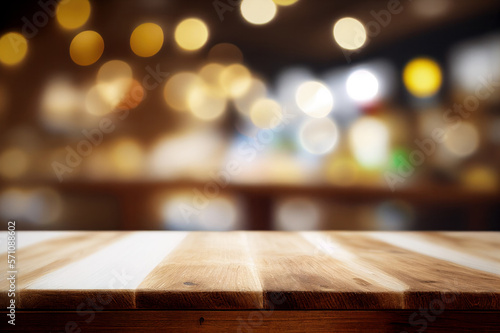 Wooden Table Side view, Restaurant Decor, product placement, bokeh lights, selective focus