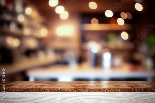 Wooden Table Side view  Restaurant Decor  product placement  bokeh lights  selective focus