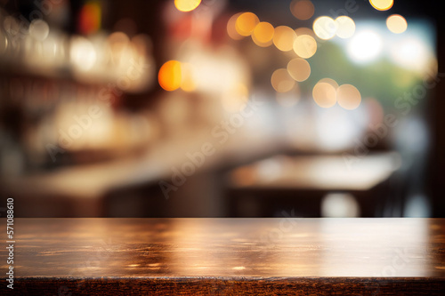 Wooden Table Side view, Restaurant Decor, product placement, bokeh lights, selective focus © Mike Schiano