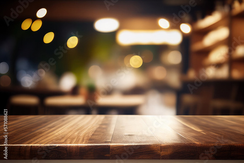 Wooden Table Side view, Restaurant Decor, product placement, bokeh lights, selective focus © Mike Schiano