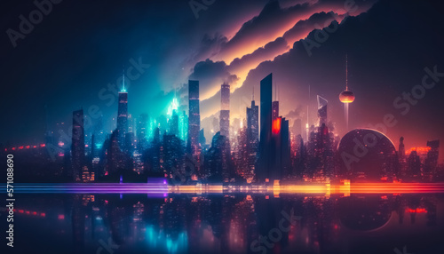 Cityscapes of future urban cities long exposures neon light nighttime on twillight sky abstract background. Generative ai