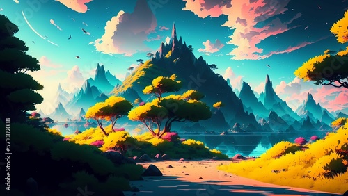 beautiful wallpaper of an island with beautiful trees and lake in anime style. generated with ai