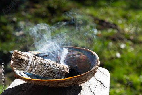 Billede på lærred An image of a single white sage smudge stick smoldering in an abalone shell