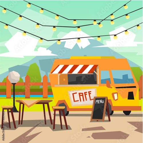 van outdoor cafe in rural mountain scenery illustration