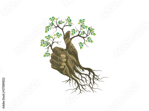 bonsai tree with eco friendly thumbs up sign vector design. old tree with Green leaf and roots.