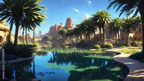 beautiful wallpaper of a desert with beautiful palms and river in anime style. generated with ai © PAMA