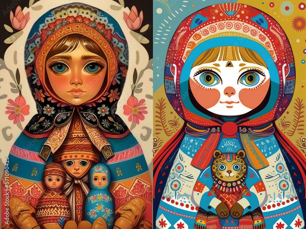 Russian doll illustration. Colorful character design with contrast background. Isolated composition, collection