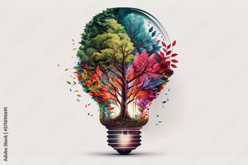Sustainable and creativity - light bulb lamp with a tree inside with colorful leaves made by Generative Ai Stock Illustration | Adobe