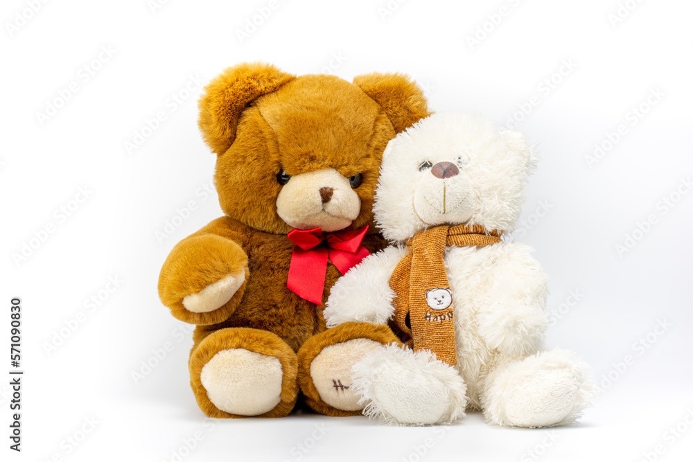 Cute brown and white Teddy bears on a white background. Plush toys for kids.