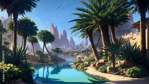 beautiful wallpaper of a desert with beautiful palms and river in anime style. generated with ai