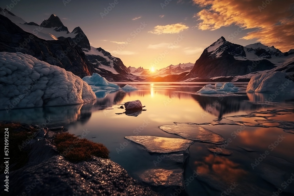 a beautiful sunset with mountains in the background and a lake with glacier water in the foreground
