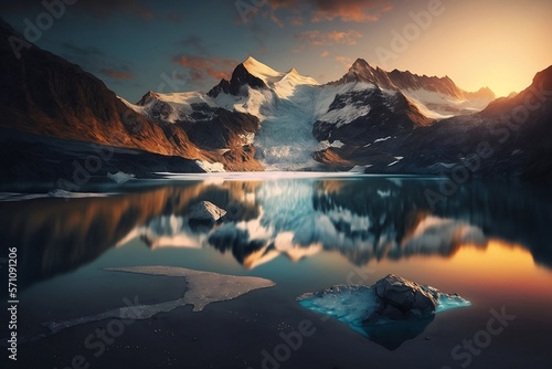 a beautiful sunset with mountains in the background and a lake with glacier water in the foreground