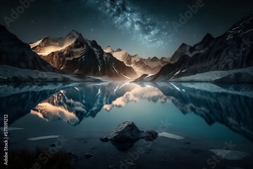 a beautiful Starry clear night sky with mountains in the background and a lake with glacier water in the foreground