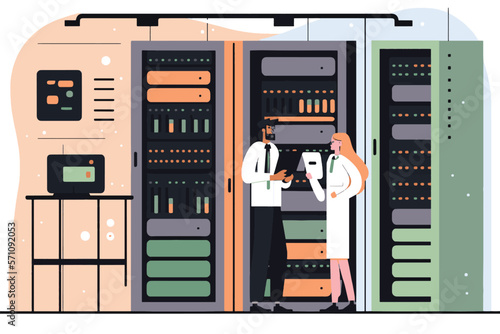 2d flat illustration, Male IT Specialist holds laptop and talks with female server technician about work. They're in the data center, and the rack server cabinet is open  , flat design, only 5 colors