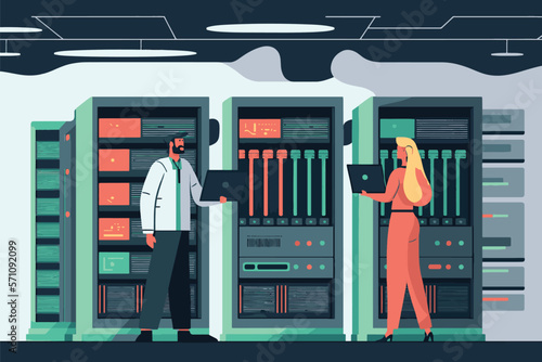 2d flat illustration, Male IT Specialist holds laptop and talks with female server technician about work. They're in the data center, and the rack server cabinet is open  , flat design, only 5 colors