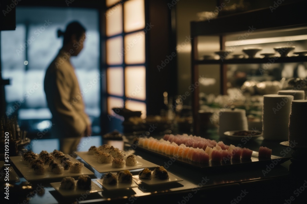 Fresh Sushi Buffet Gourmet Chef, rodízio de sushi, japanese food, salmon, GENERATIVE AI