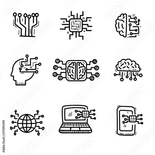 Set of artificial intelligence icons in cute doodle style isolated on white background
