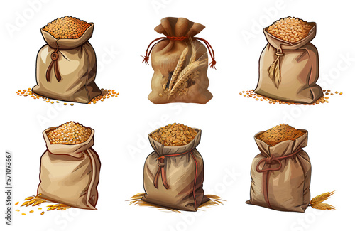 Cartoon vector set of bagging bags with grain. Ears of wheat and grains in a sack isolated on a white background. Large textile bags. Harvest concept. Agricultural products for promo poster or banner