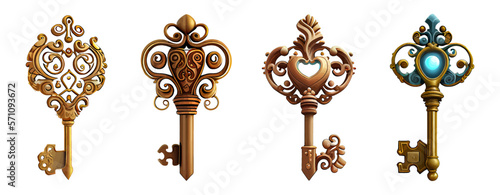 Golden fairy cartoon key set. Illustration of cartoon golden skeleton key for treasure chest or ui game resources. Various key shapes on a white background. Vector illustration