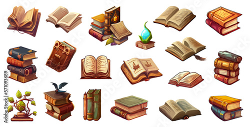 Fantasy cartoon fairy tale books. Vector set for game interface, fairy tales, literature, different shapes of books isolated on white background. Flat style. Vector illustration