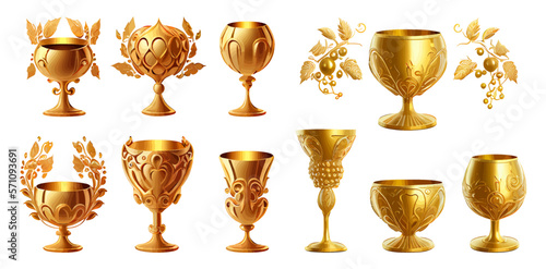 Golden champion cup set isolated on white background. Vector cups in cartoon style. Championship trophy. Winner's Prize. Sports award. The concept of victory. Vector illustration