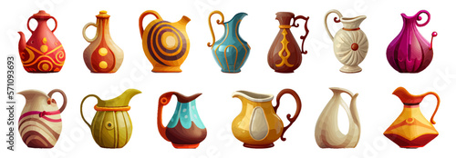 Colorful cartoon set of fairy vessels and jugs isolated on white background. Various shapes and elements. Large vessels for liquids. Design for cartoon, book, game. Vector illustration