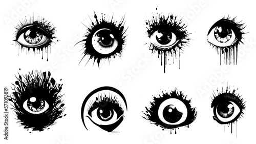 Black and white set of beautiful female eyes in grunge style isolated on white background. Silhouettes of eyes with paint dripping from them. Art work set. Vector