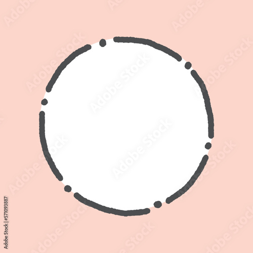 かわいい手書きの丸いフレーム - ピンク色の背景に濃いめのグレーの線とドットで作った円