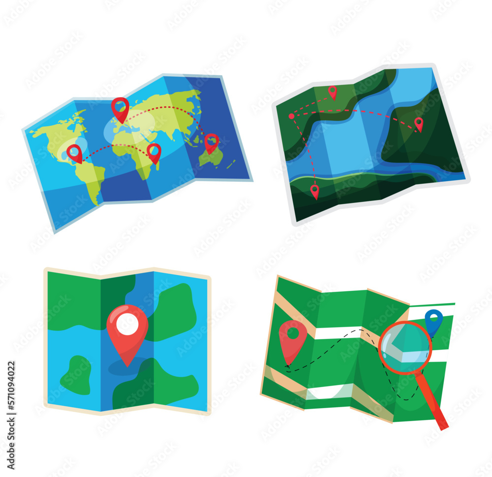 Naklejka premium folded paper map of world with color point marker vector illustration