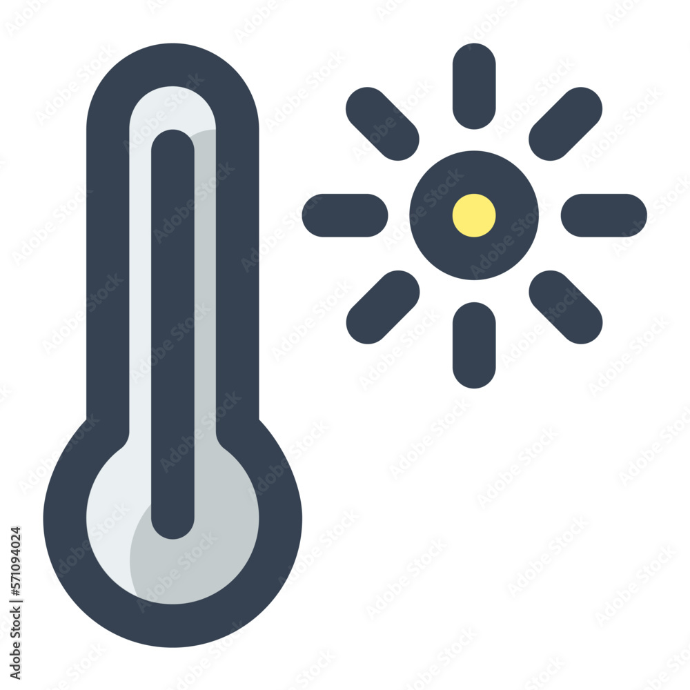 Thermometer with sun in color filled icon. Weather, summer, hot, sunlight, season, warm, fever Thermometer with sun in color filled icon. Weather, summer, hot, sunlight, season, warm, fever