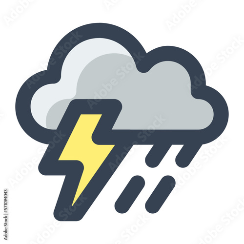 Cloud with thunder and rain drop in gray and yellow filled color icon. Heavy rain, storm, thunderstorm, rainstorm, weather, forecast