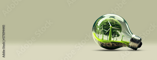 a light bulb with a wind generator power plant on a green empty background copy space. renewable energy concept ai