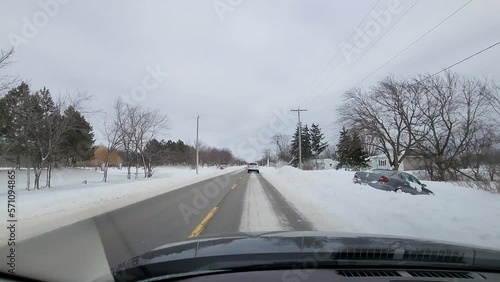 View from inside car of Winter snowstorm in Fort Erie, Ontario, Canada photo